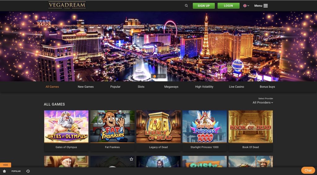 Vegadream casino homepage desktop