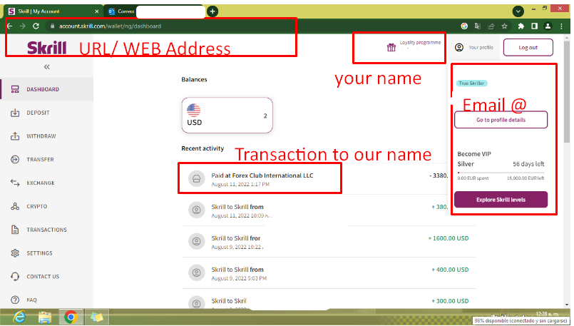 screenshot of a e wallet and what objects to include for verifying it to a online casino